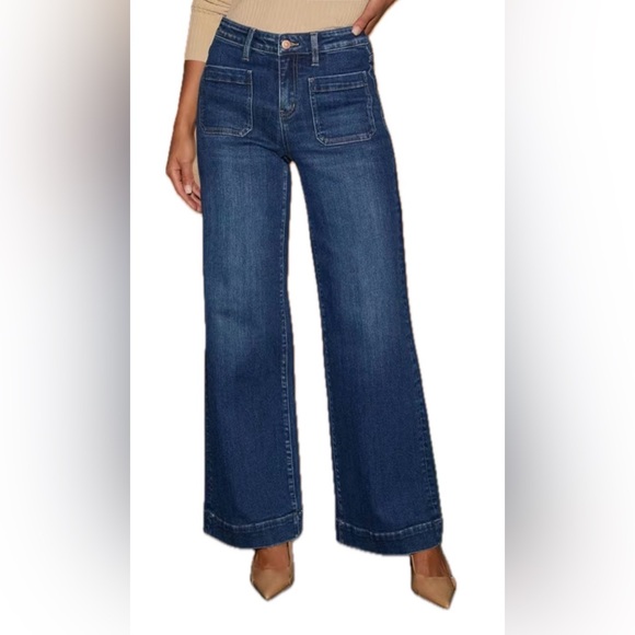 Vibes Denim - Vibes Collection Women's Blue Medium Wash High Rise Wide-Leg Stretch Jeans.